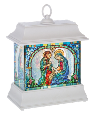 LED Light Up Stained Glass Shimmer Holy Family Scene Lantern
