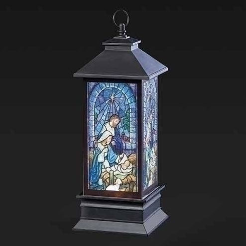 10.5"H LIGHTED SWIRL LANTERN STAINED GLASS HOLY FAMILY