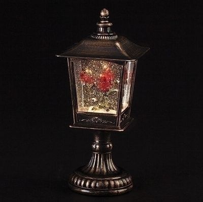 12"H LIGHTED SWIRL LANTERN PEDESTAL; CARDINALS ON BRANCH