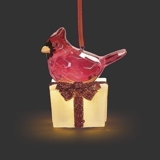 2.7"H LIGHTED CRYSTAL CARDINAL ON FROSTED PRESENT ORNAMENT