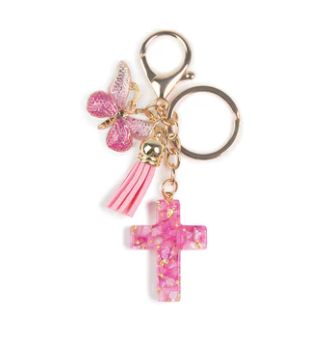 Cross Charm Key Ring Pink