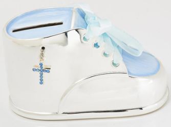 2.5"H Boy Blue Shoe Bank W/Cross and Ribbon Laces