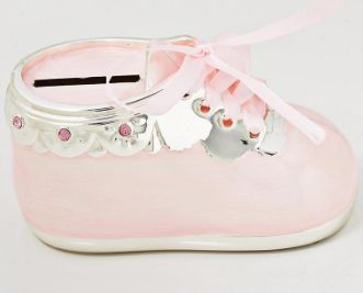 2"H Girl Pink Shoe Bank W/Jewels and Ribbon Laces