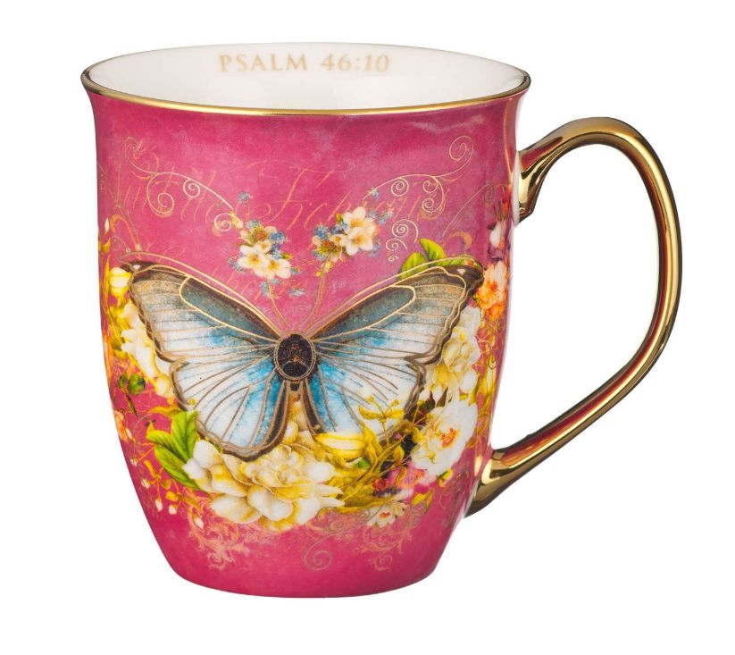 Be Still Pink Butterfly Ceramic Coffee Mug - Psalm 46:10