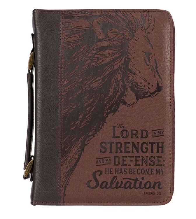 Strength and Defense Walnut-Brown Faux Leather Classic XL Bible Cover- Exodus 15:2