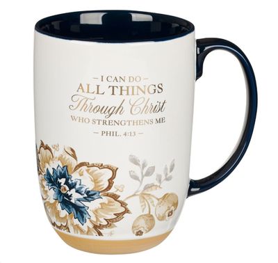 I Can Do All Things Honey-brown and Blue Ceramic Mug with Exposed Clay Base - Philippians 4:13