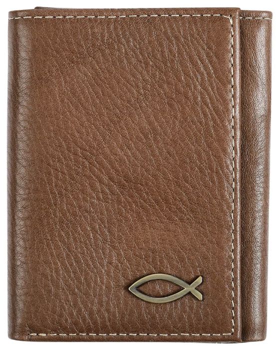 Ichthus Fish Brown Genuine Leather Trifold Wallet