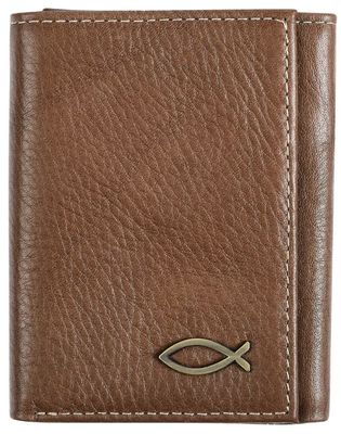 Ichthus Fish Brown Genuine Leather Trifold Wallet