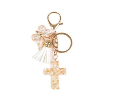 Cross Charm Key Ring White