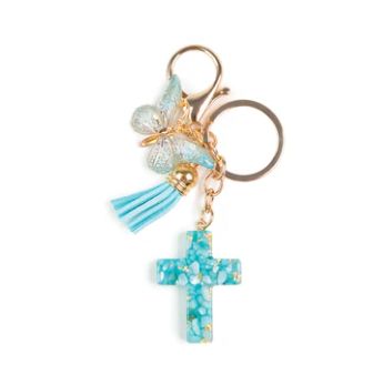Cross Charm Key Ring Teal
