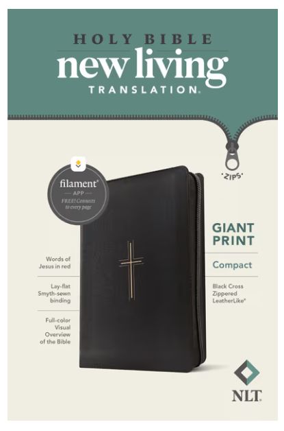 NLT Compact Giant Print Zipper Bible, Filament Enabled Leatherlike, Black Cross, Red Letter