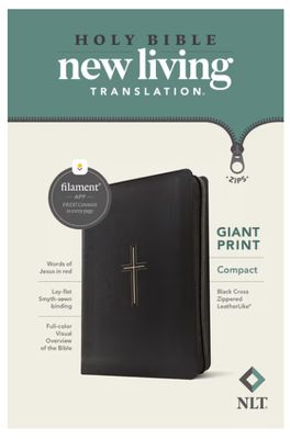 NLT Compact Giant Print Zipper Bible, Filament Enabled Leatherlike, Black Cross, Red Letter