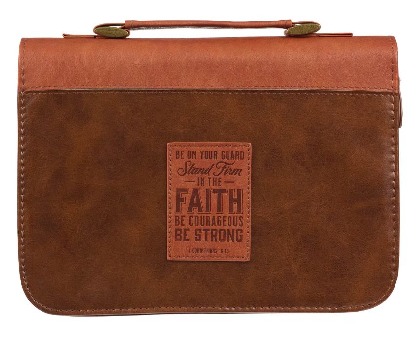 Stand Firm Two-tone Brown Faux Leather Classic Bible Cover - 1 Corinthians 16:13, Size: Medium