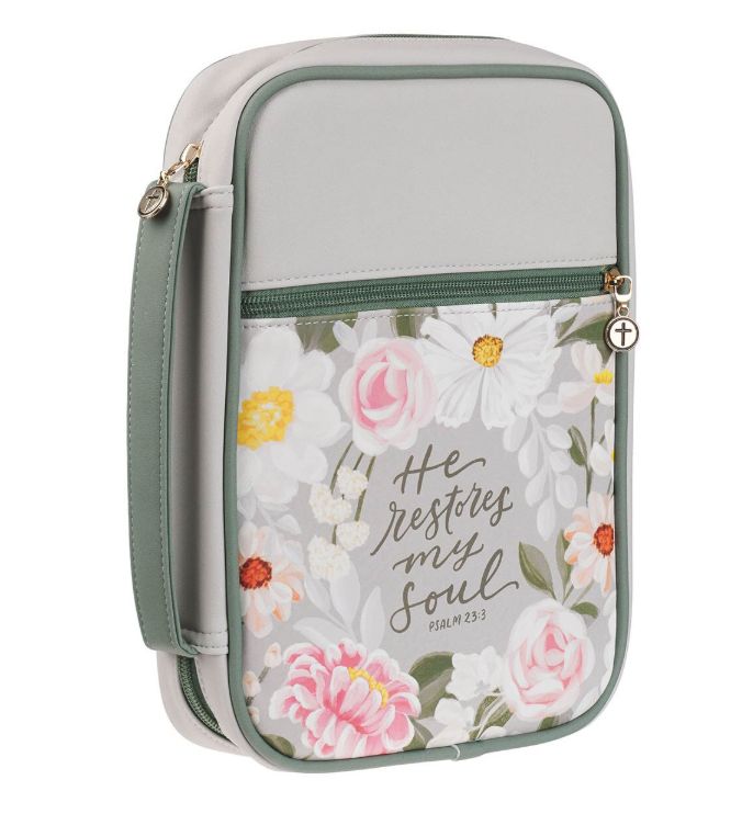 He Restores My Soul Gray Faux Leather Fashion Large Bible Cover - Psalm 23:3