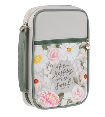 He Restores My Soul Gray Faux Leather Fashion Large Bible Cover - Psalm 23:3