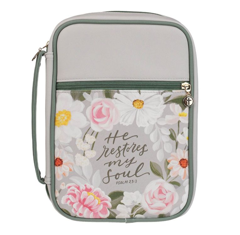 He Restores My Soul Gray Faux Leather Fashion MD Bible Cover - Psalm 23:3