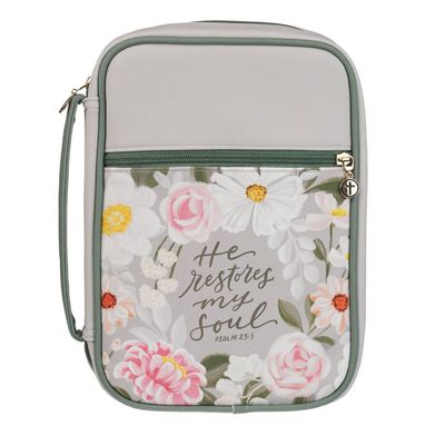 He Restores My Soul Gray Faux Leather Fashion MD Bible Cover - Psalm 23:3