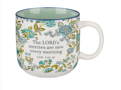 Morning Mercies Blue and Green Floral Ceramic Coffee Mug - Lamentations 2:22-23