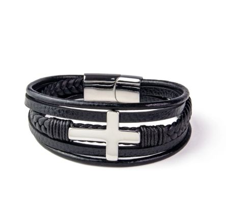 Leather Multi-Band Bracelet with Silver Color Cross