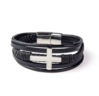 Leather Multi-Band Bracelet with Silver Color Cross