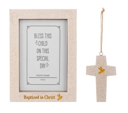 Baptized in Christ Written in Stone Frame and Ornament Set