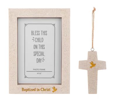 Baptized in Christ Written in Stone Frame and Ornament Set