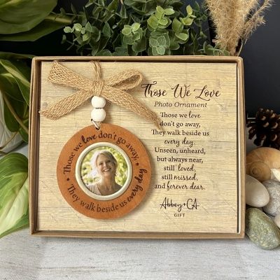 Those We Love Cedar Photo Ornament On Burlap Ribbon W/Ww Beads
