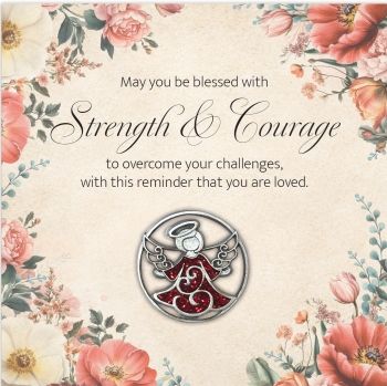 Strength &amp; Courage Angel Pin W/Red Glitter Epoxy