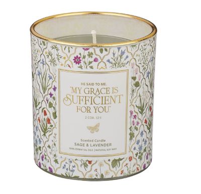 Sufficient Grace Sage and Lavender Scented Candle in a Glass Jar - 2 Corinthians 12:9