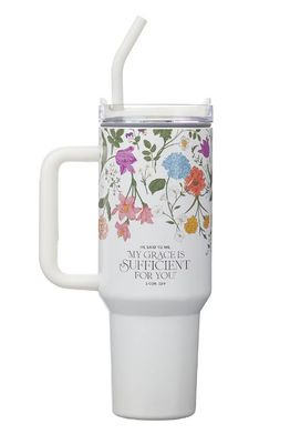 Grace White Wildflower 40 oz Stainless Steel Tumbler with Straw - 2 Corinthians 12:9