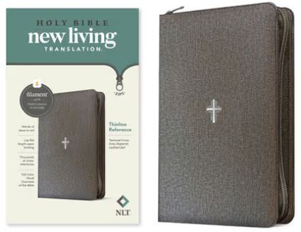 NLT Thinline Reference Zipper Bible, Filament Enabled Leatherlike, Textured Cross Gray, Red Letter