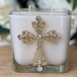 FRANKINCENSE &amp; MYRRH GOLD/CRYSTAL CROSS CANDLE