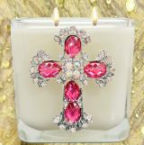 ROSE PINK CRYSTAL JEWELED CROSS CANDLE