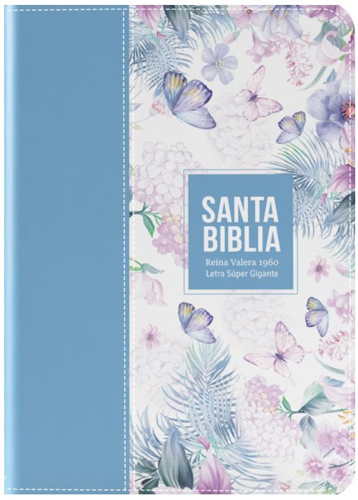 Biblia RVR 1960 Letra Súper Gigante / Símil Piel Mariposas Azul Acero Claro