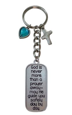 God Is Never Key Ring W/Cross &amp; Aqua Heart
