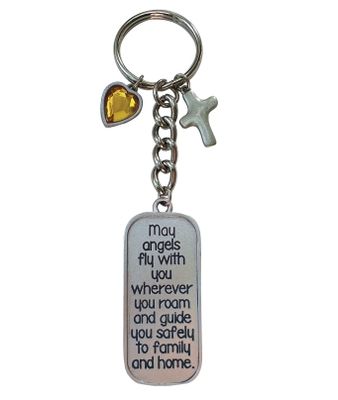 Angels Fly W/You Key Ring W/Cross &amp; Topaz Heart