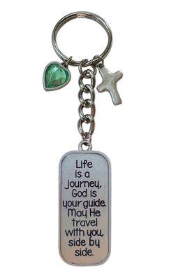 Life Is a Journey Key Ring W/Cross &amp; Peridot Heart