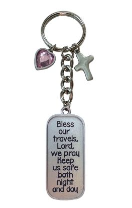 Bless Our Travels Key Ring W/Cross &amp; Rose Heart
