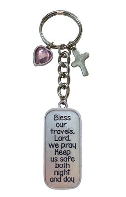 Bless Our Travels Key Ring W/Cross &amp; Rose Heart