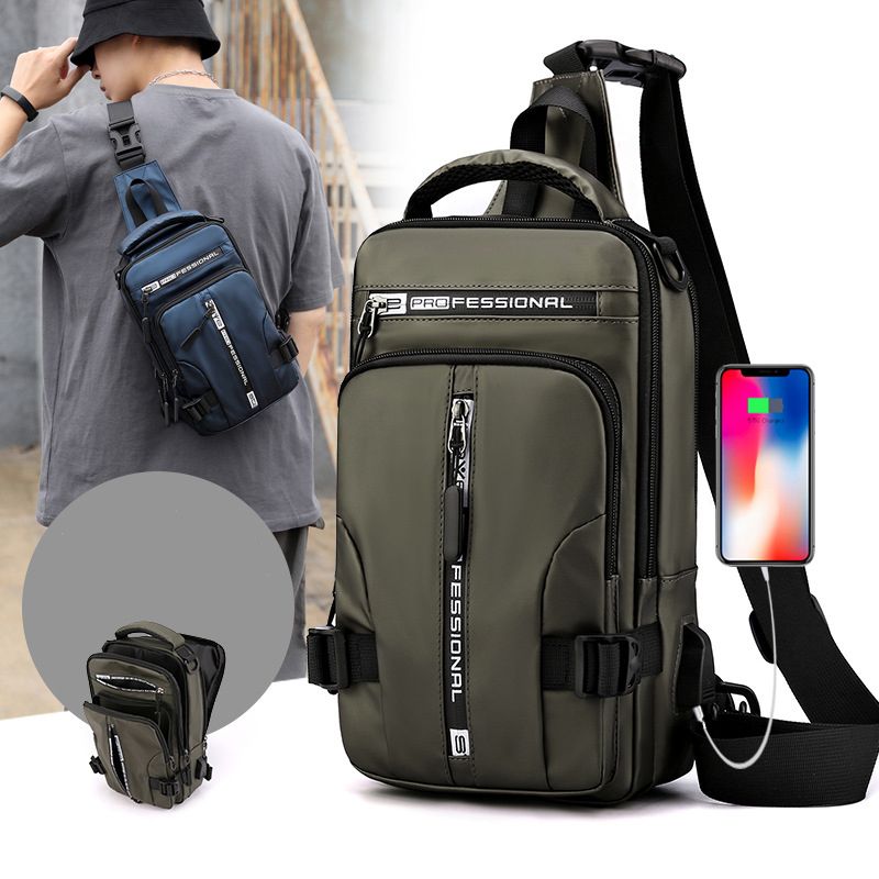 Multifunction Men Chest Bags USB Charging Waterproof Nylon Chest Pack