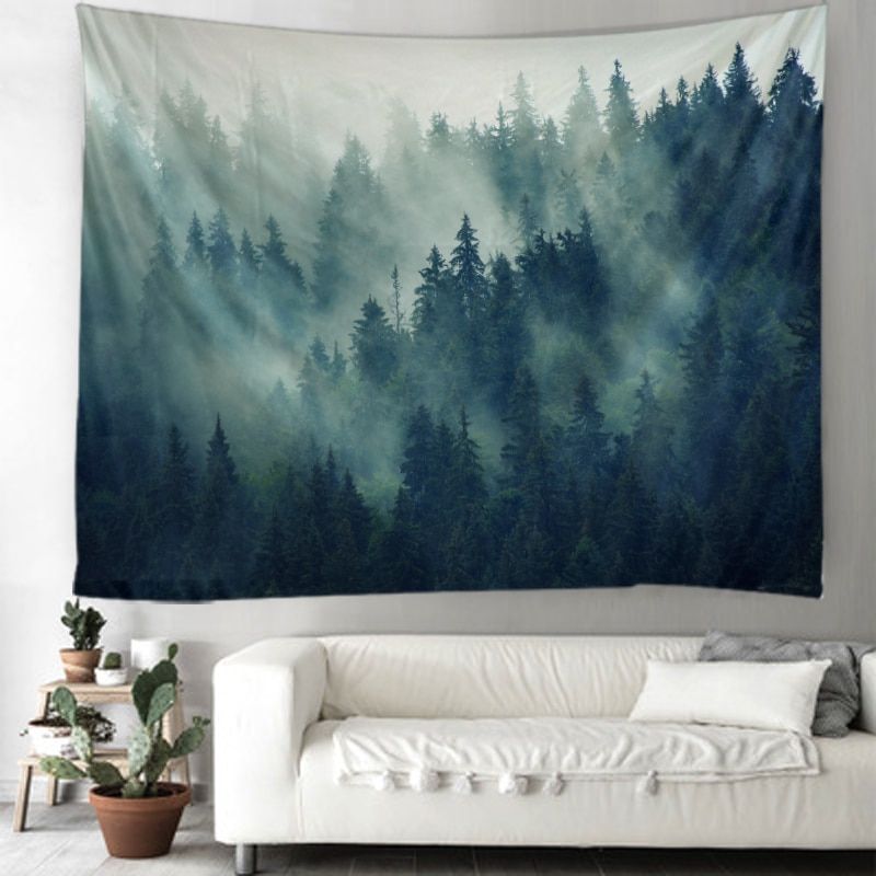 Nordic Foggy Forest Tree Printing Tapestry