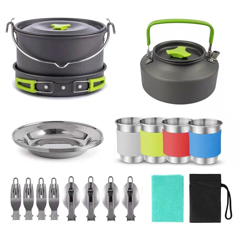 22Pcs Lightwelght Soup Pots, Pans, Teapots Whit 4 Cupscamping Cooking Kit