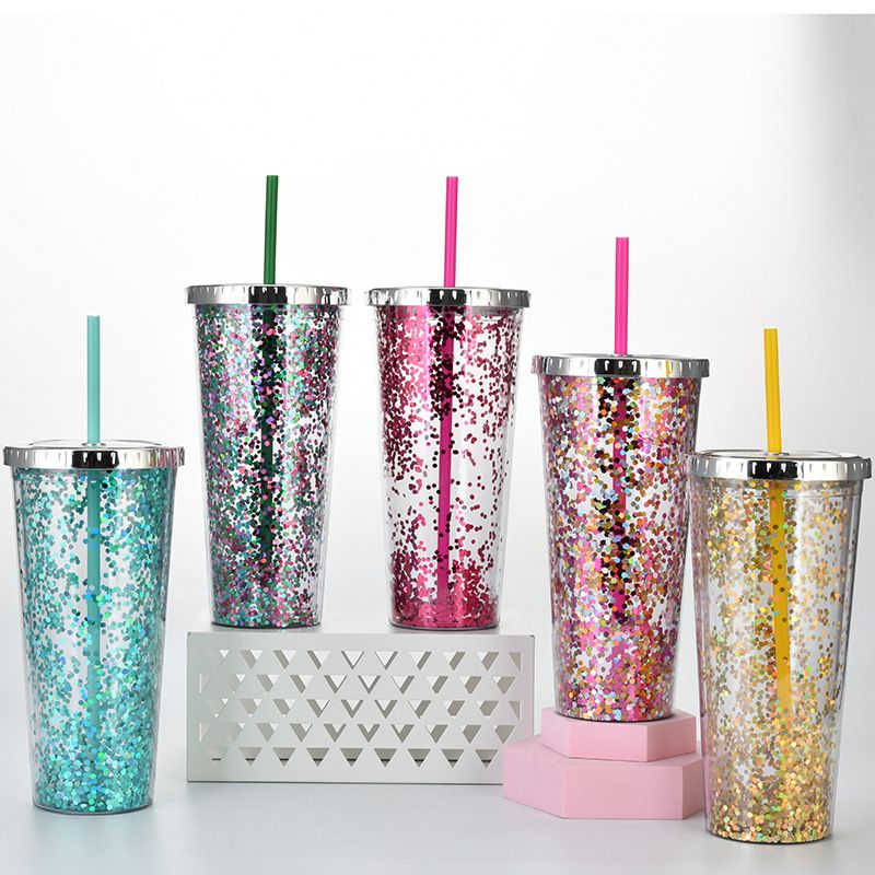 Plastic Straw Cup Glitter Water Cup Cold Drink Cup