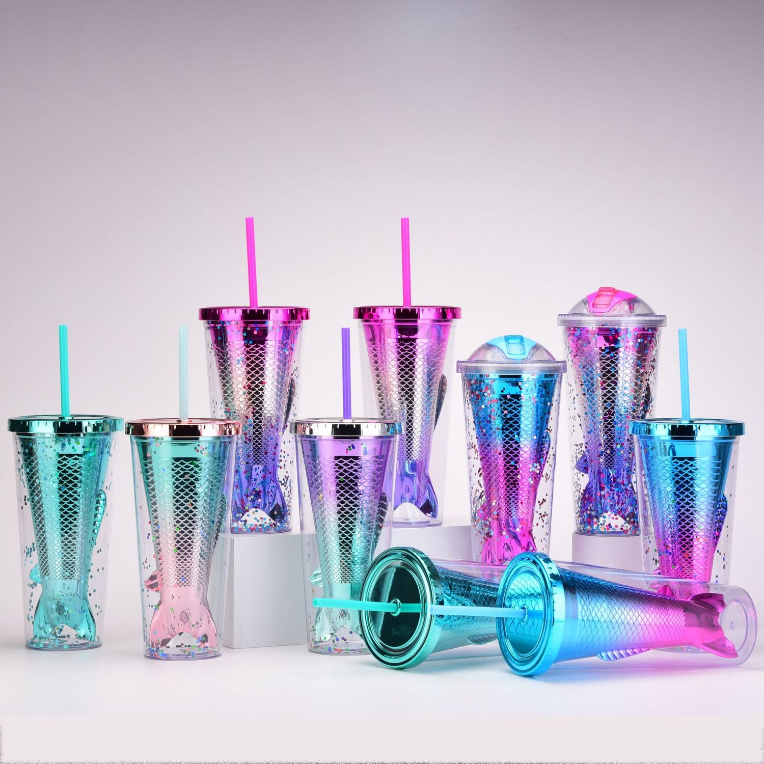 Double Plastic Cup Creative Gradient Mermaid Tail Straw Cup