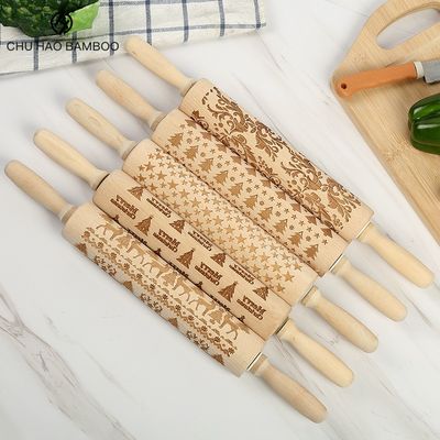 35/42*5cm Christmas Embossing Rolling Pin Baking Dough Engraved Roller