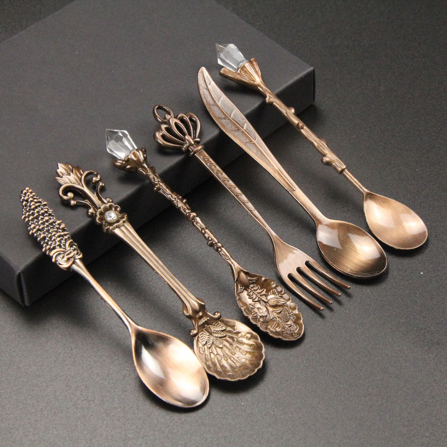 6Pcs Vintage Spoons Fork Mini Royal Style Metal Gold Carved Coffee Snacks