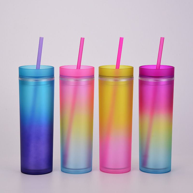 Gradient Color Iridescent Water Cup Straight Double Plastic Straw Cup