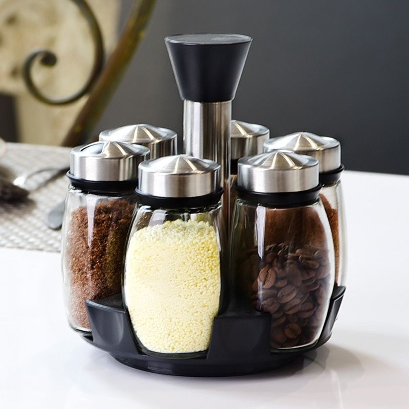 Glass Rotating Spice Rack Detachable Spice Jar Holder Kitchen Storage Box