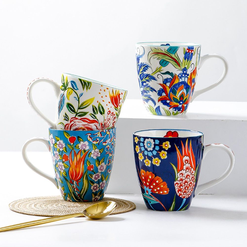 Hand Painted Ceramic Breakfast Mugs Flower Pattern Milk Oatmeal Coffee Cup