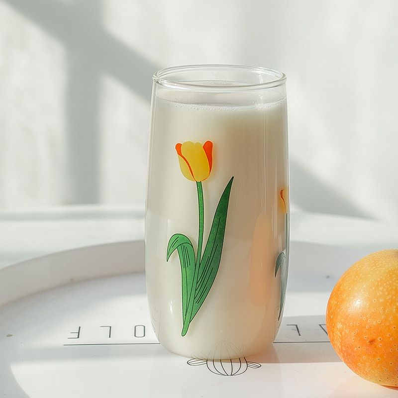 Ins Glass Breakfast Milk Cup Tulips Glass High Temperature Resistance Coffee Mug